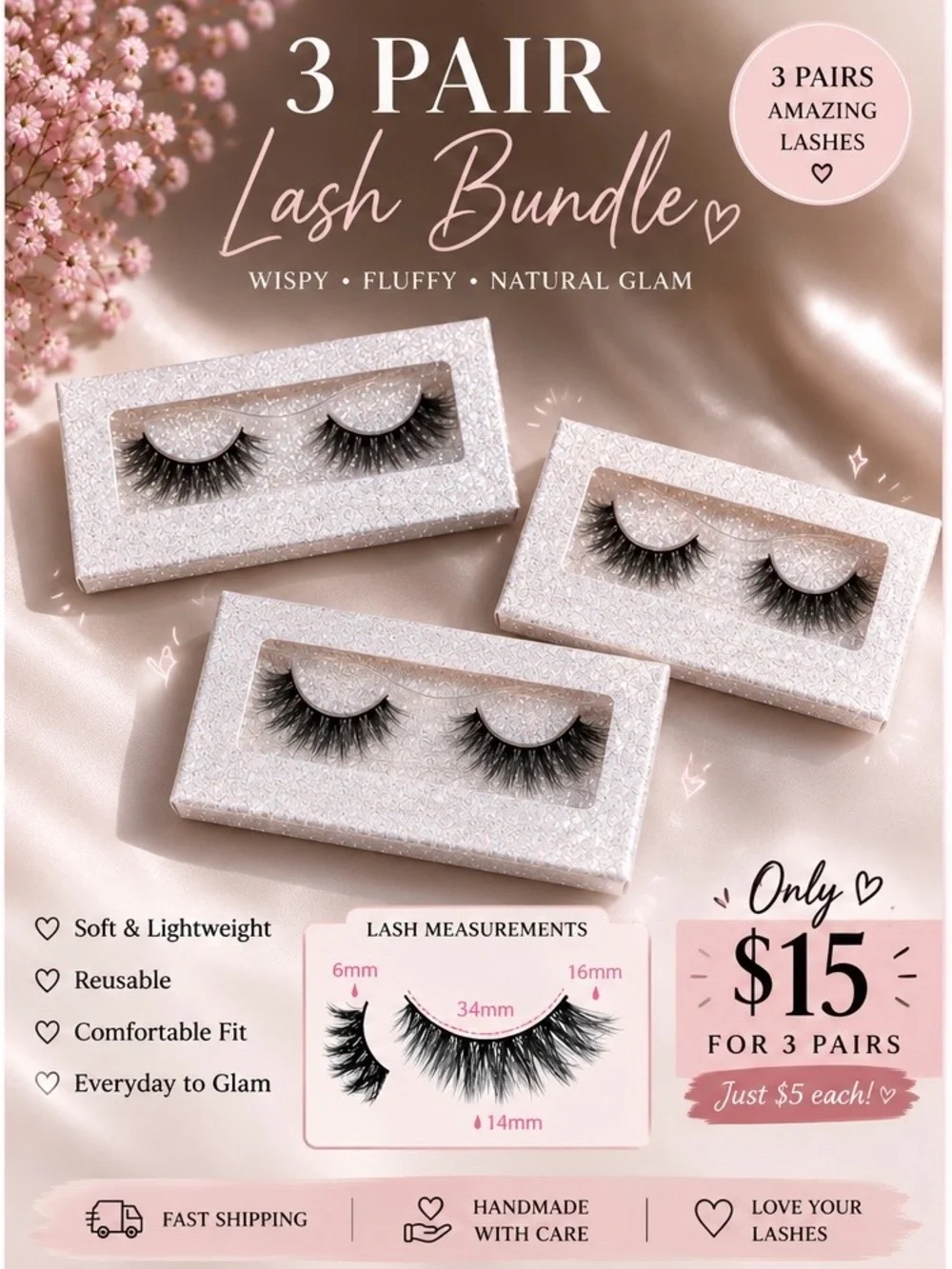 3 Pair Wispy Fluffy False Eyelash Bundle - Black